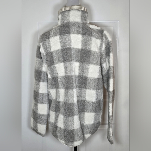 Abercrombie & Fitch Gray White Checkered Plaid Sherpa Quarter-Zip Pullover Small - Picture 5 of 14